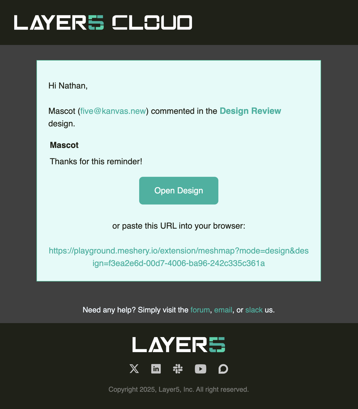 Example email notification received when design comment is made